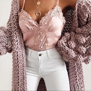 Silk satin pink blush spaghetti strap lace